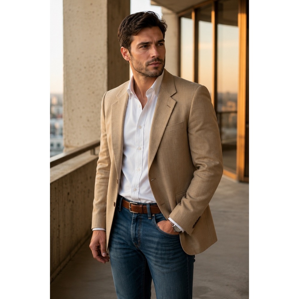 Executive Garrison Park Linen Blend Blazer Beige Sport Coat Suit Jacket Sz 46R